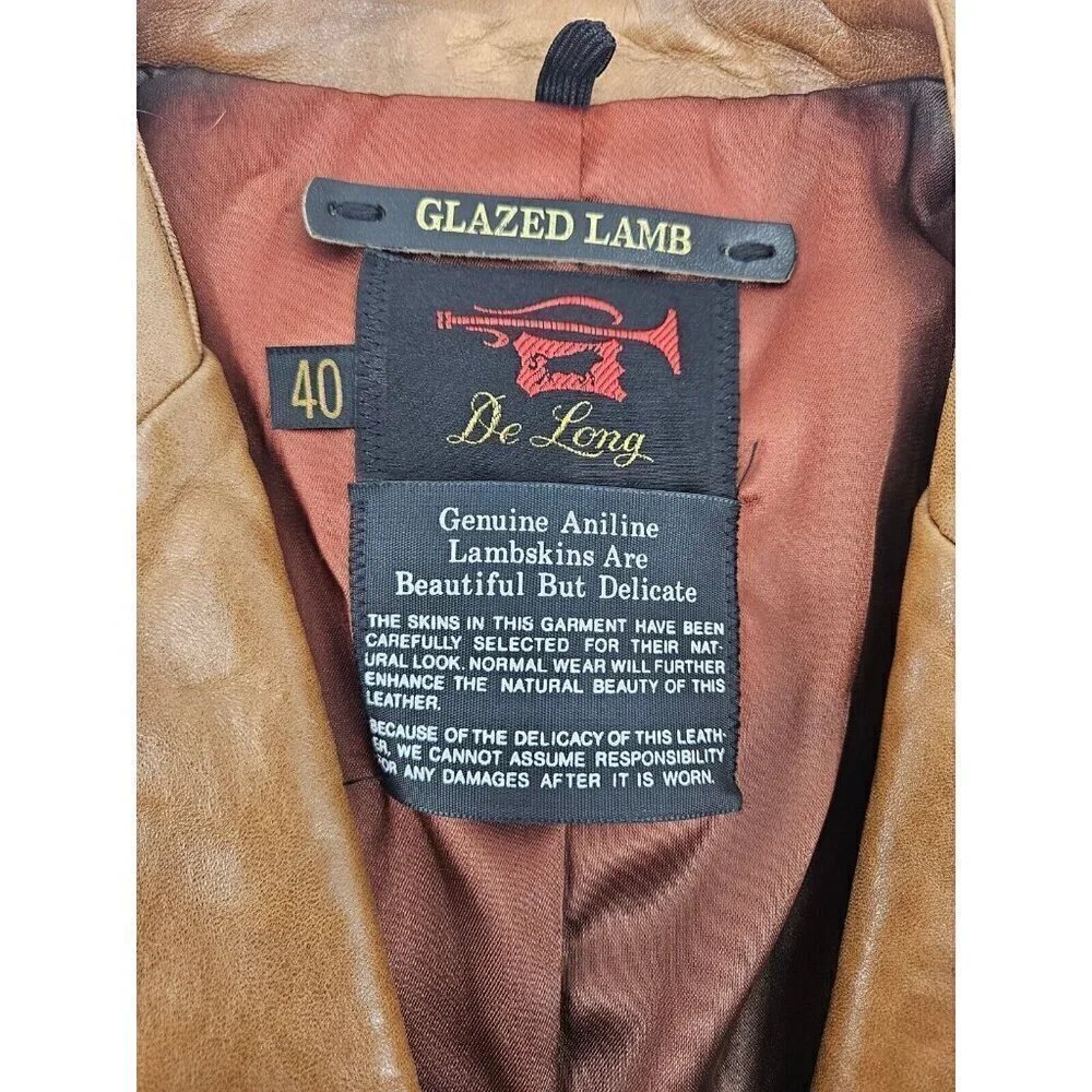 Vintage De Long Glazed Lamb Jacket Mens 40 Brown Lambskin Blazer